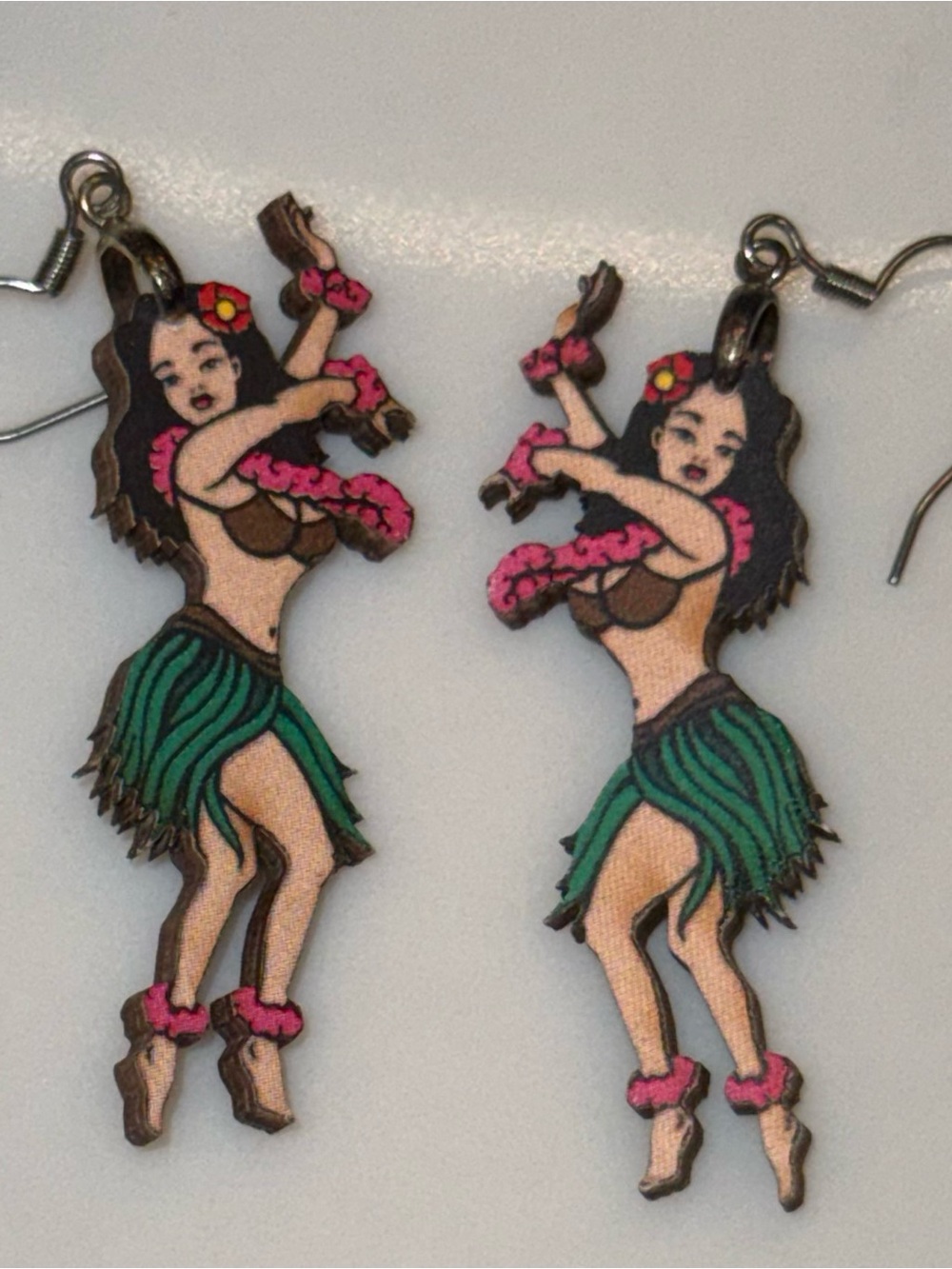 Hula Dancer Drop Earrings in Green and Pink - Women Jewelry